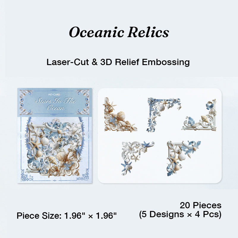 Variant image for the Oceanic Relics style of the 3D relief floral corner frame ephemera. Showcases 20 laser-cut pieces in ocean blue hues featuring intricate seashell, starfish, and aquatic vine motifs with deep debossed texture.