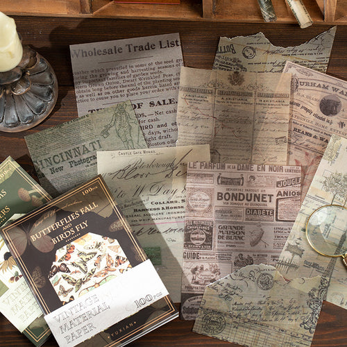 Old Days Record vintage journal paper specifications showing 100 sheets, 4 unique designs, sulfuric acid paper for journaling