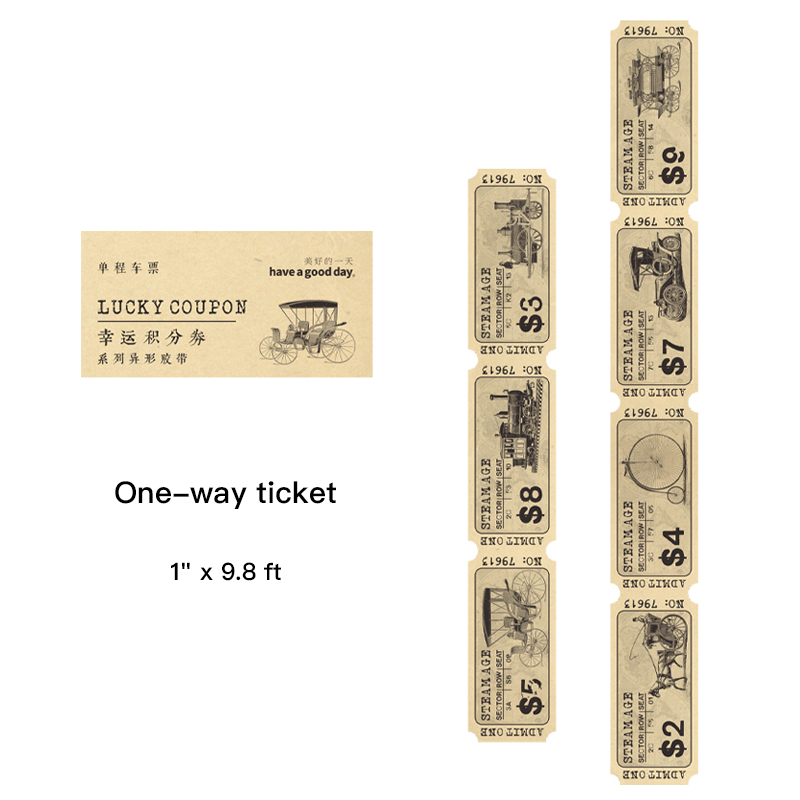 One-way Ticket vintage die-cut paper tape with retro travel ticket design