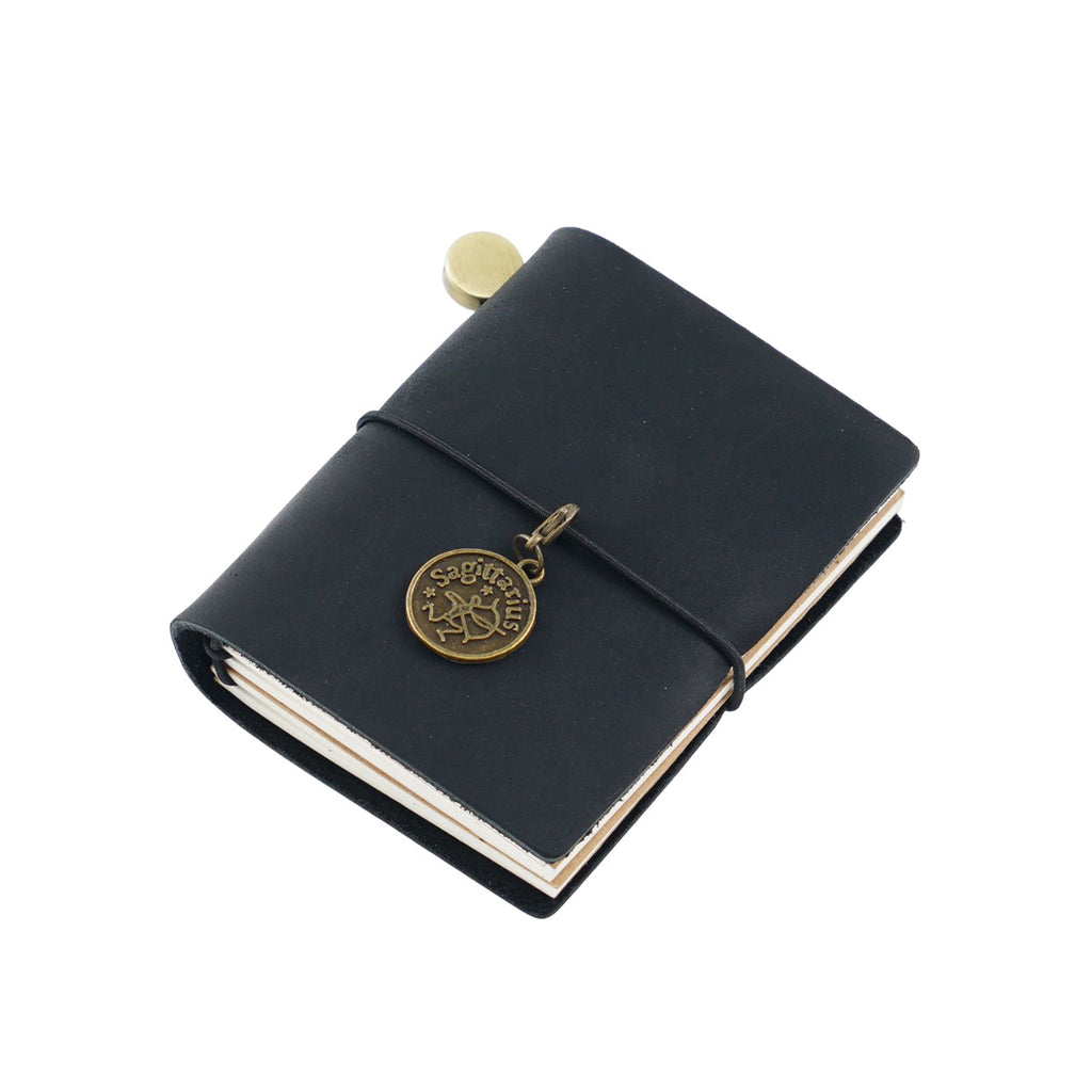 Onyx black crazy horse genuine leather mini pocket notebook with vintage metal charm and elastic band closure