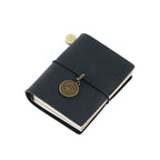 Onyx black crazy horse genuine leather mini pocket notebook with vintage metal charm and elastic band closure