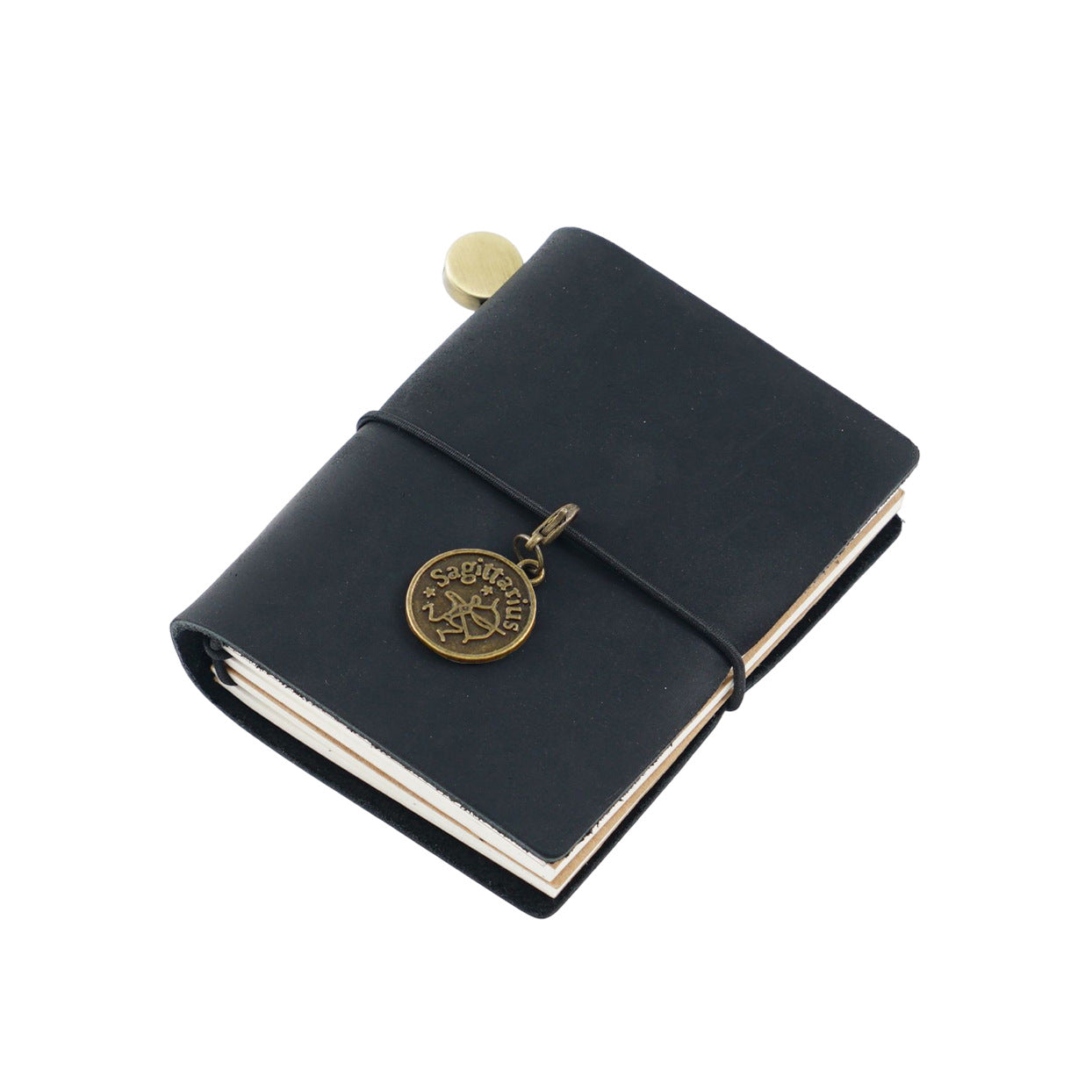 Onyx black crazy horse genuine leather mini pocket notebook with vintage metal charm and elastic band closure