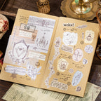 Open sticker book showing inner sheets on wooden desk with brass decor