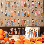 Full collection of 50 girl stickers in warm orange tones