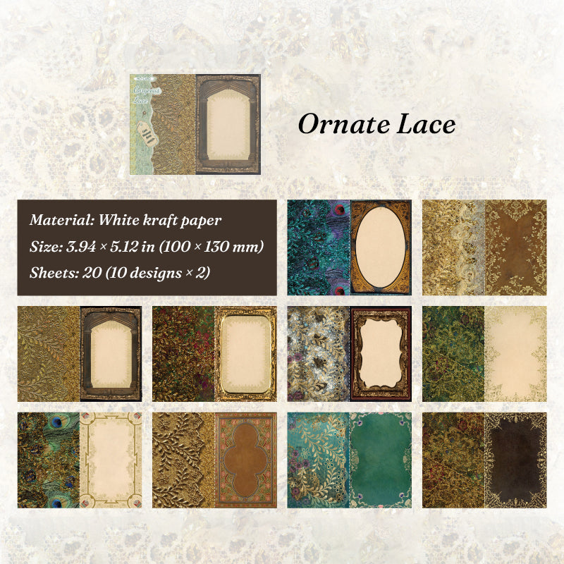 Vintage ornate lace memo pad with dark academia gold foil frames and peacock feather designs for scrapbooking