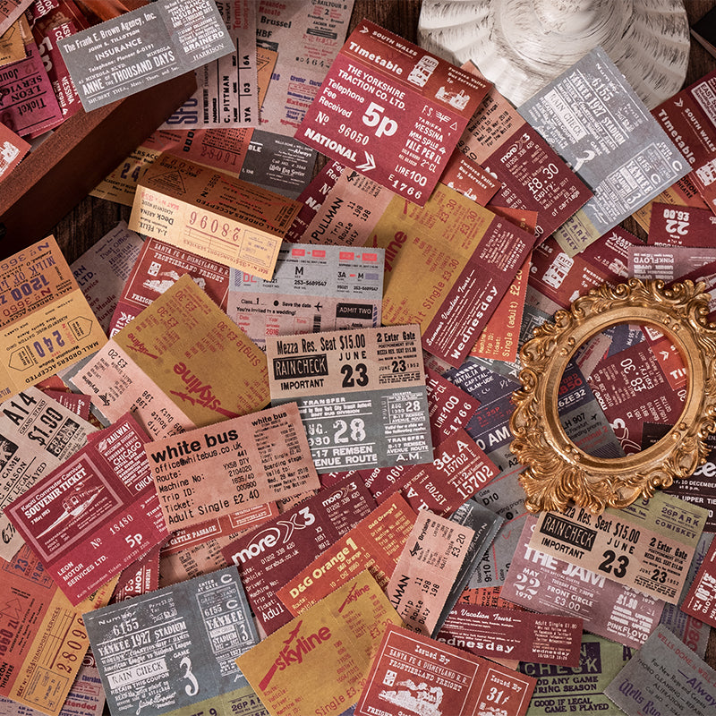 Vintage train ticket sticker pack packaging with 30 sheets of retro travel ephemera
