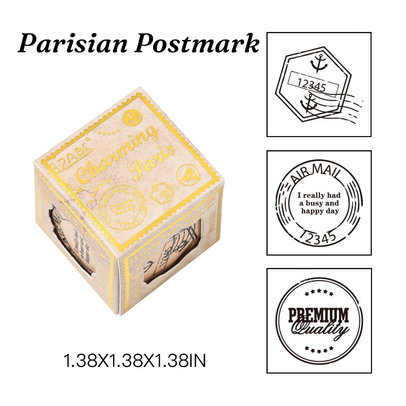 Vintage travel theme wooden stamp set with Paris postmarks and seal designs
