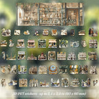 All 50 Letters from Greece travel stickers in a grid – blue and white Greek island street scenes on translucent PET