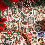 Close up pile of vintage Christmas sticker flakes with wreaths angels and retro holiday characters in red and green