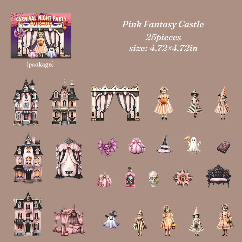 Pink Fantasy Castle Halloween journal cards — pastel gothic houses and dolls