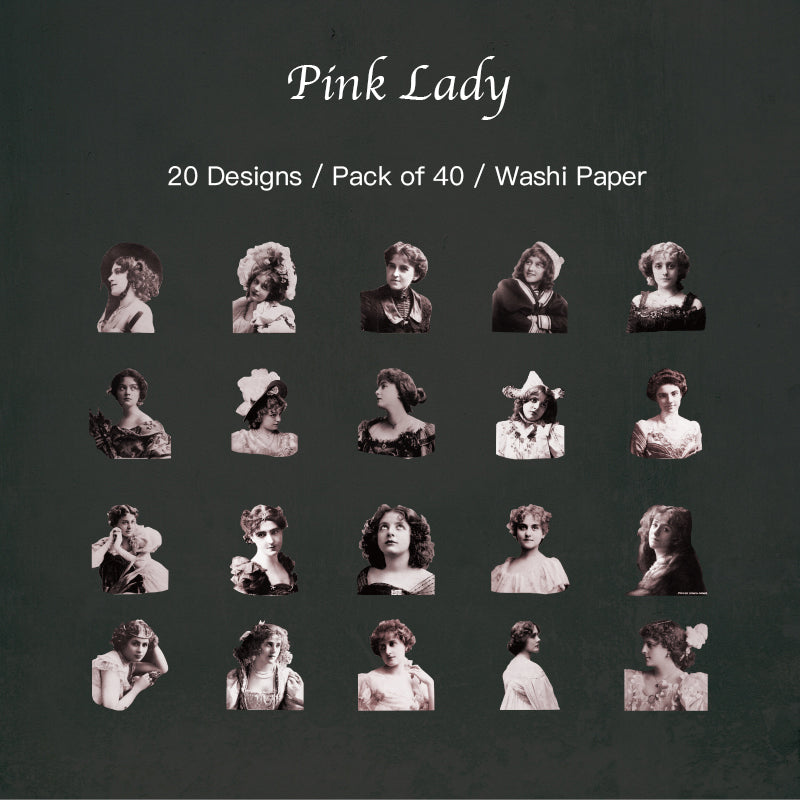 Pink lady vintage sticker with white ink accents featuring retro fashion illustration for planners