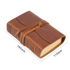 Pocket leather sketchbook dimensions 165mm by 115mm on white background