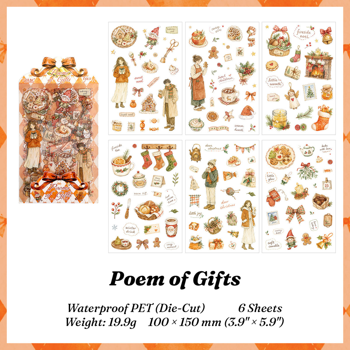 Poem of Gifts Christmas sticker pack with 6 die-cut sheets - golden watercolor fireplaces, stockings, gingerbread and cozy figures