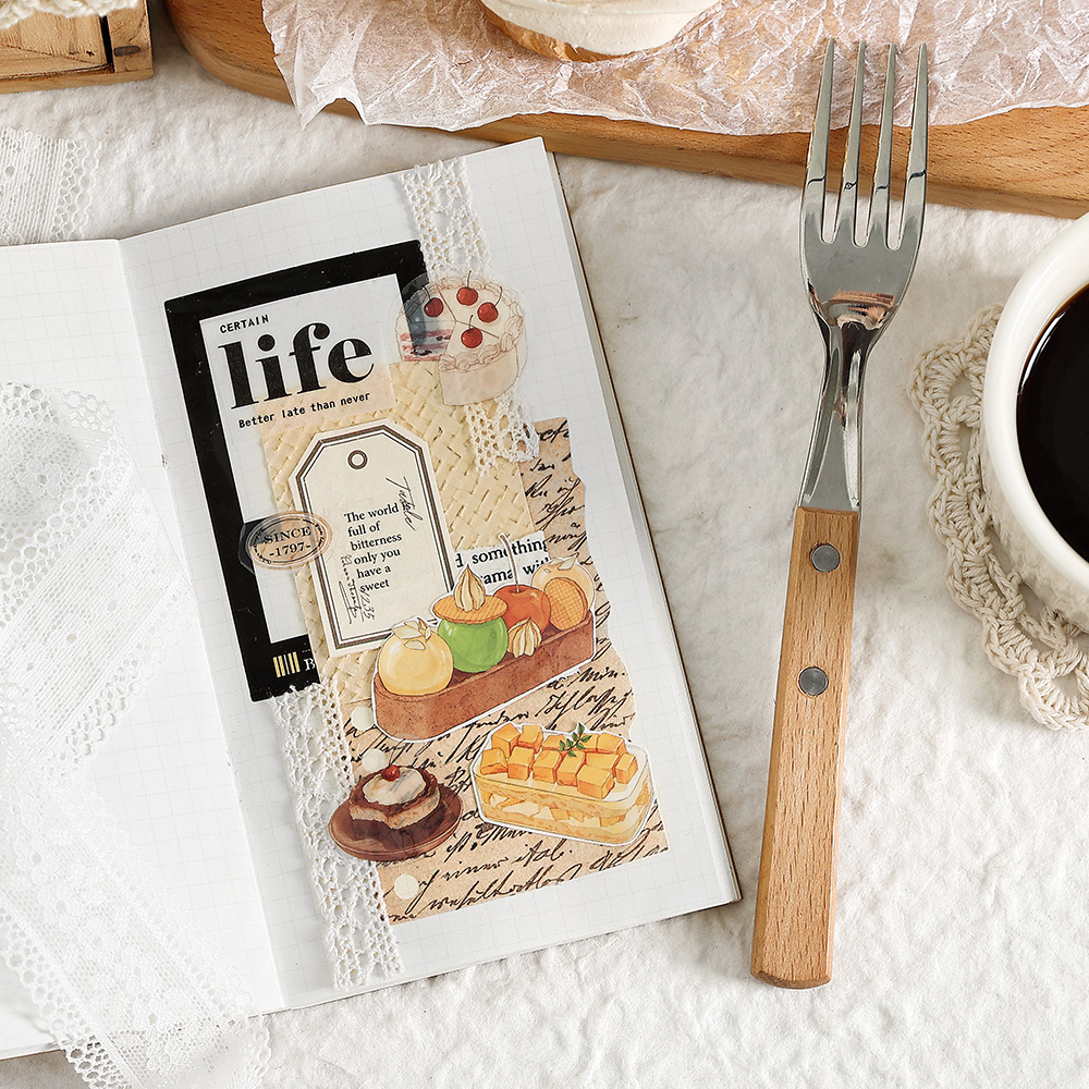 Close-up of culinary themed clear PET tape stickers