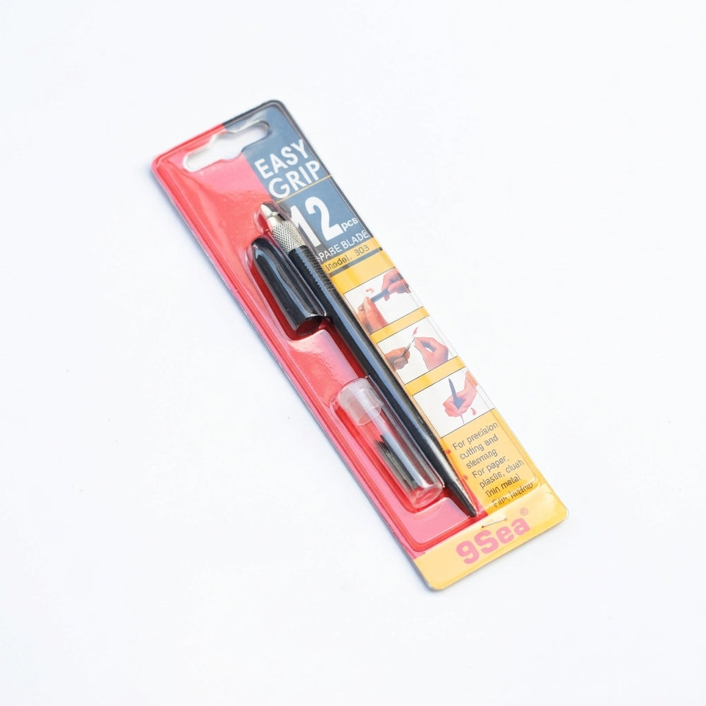 Black precision craft knife pen retail packaging with 12 blades