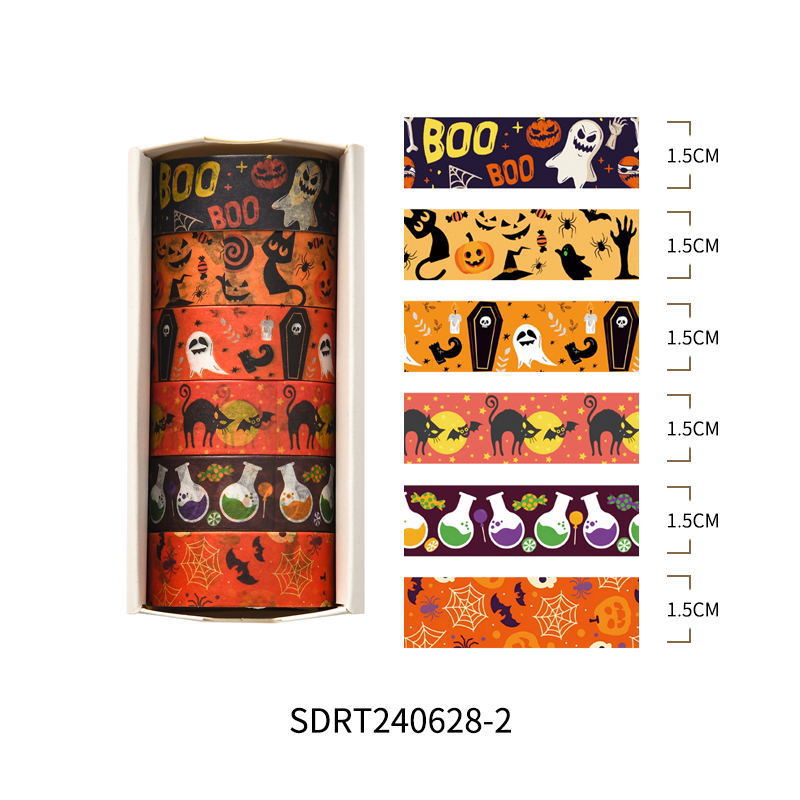 Halloween washi 6-roll box SDRT240628-2 — orange pumpkin and black cat designs