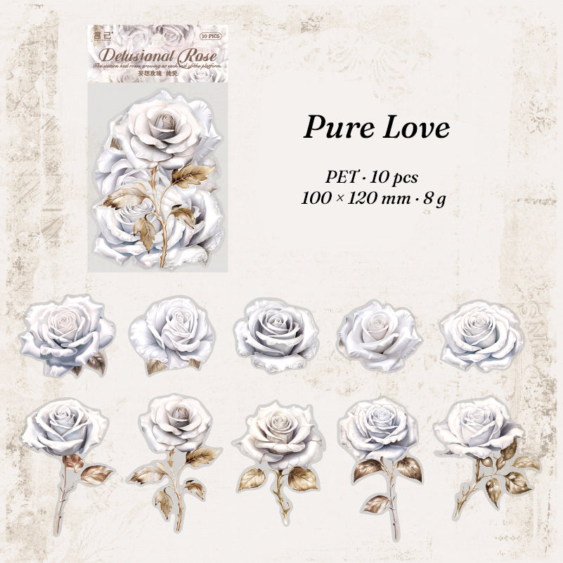 elusional Rose stickers style 3 — white rose illustrations, 10 pieces