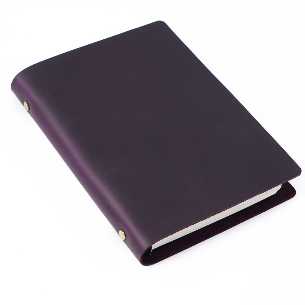 Purple crazy horse leather A5 notebook with brass ring binder and rich waxed finish.