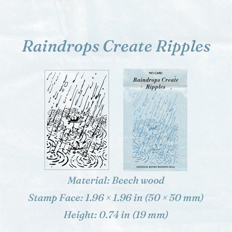 Vintage wooden rubber stamp Raindrops Create Ripples variant showing carved water ripple stamp face and packaging card, 1.96 x 1.96 inch beech wood block for nature themed planner