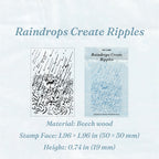 Vintage wooden rubber stamp Raindrops Create Ripples variant showing carved water ripple stamp face and packaging card, 1.96 x 1.96 inch beech wood block for nature themed planner