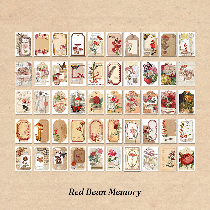 Complete 50-sticker sheet layout for Red Bean Memory theme showing earthy red botanical and vintage illustrations in grid pattern