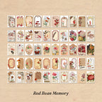 Complete 50-sticker sheet layout for Red Bean Memory theme showing earthy red botanical and vintage illustrations in grid pattern