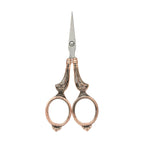 Red copper Victorian court scissors with vintage scrollwork handles