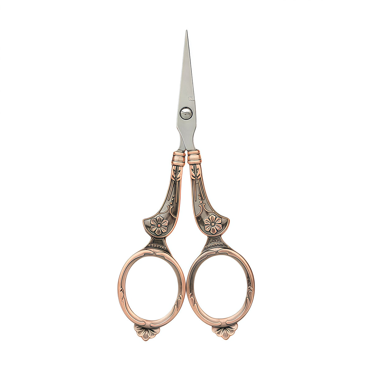 Red copper Victorian court scissors with vintage scrollwork handles