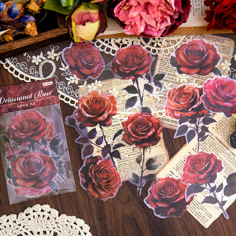 Red rose PET stickers styled on aged paper with lace and wax seal`