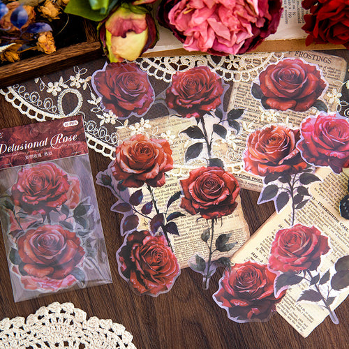 Red rose PET stickers styled on aged paper with lace and wax seal`