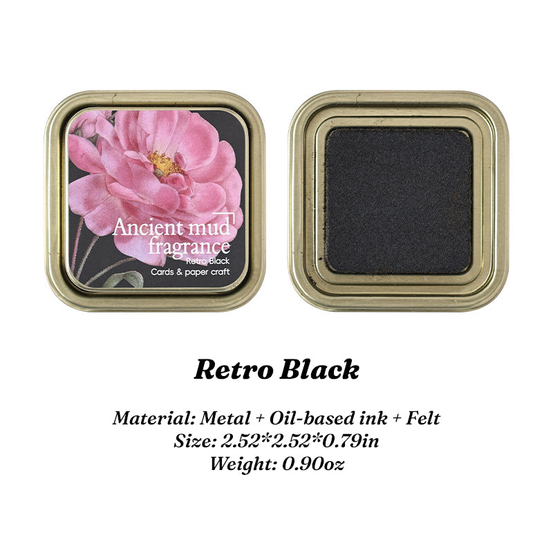 Retro Black oil-based ink pad in floral iron tin, lid and pad side by side