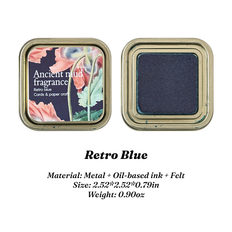Retro Blue oil-based ink pad in floral iron tin, lid and pad side by side