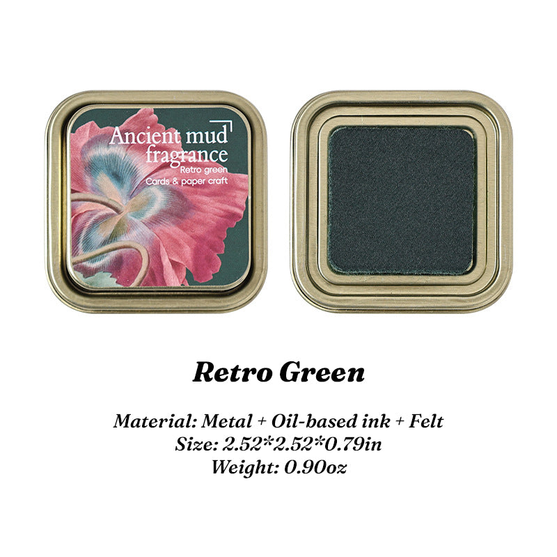 Retro Green oil-based ink pad in floral iron tin, lid and pad side by side