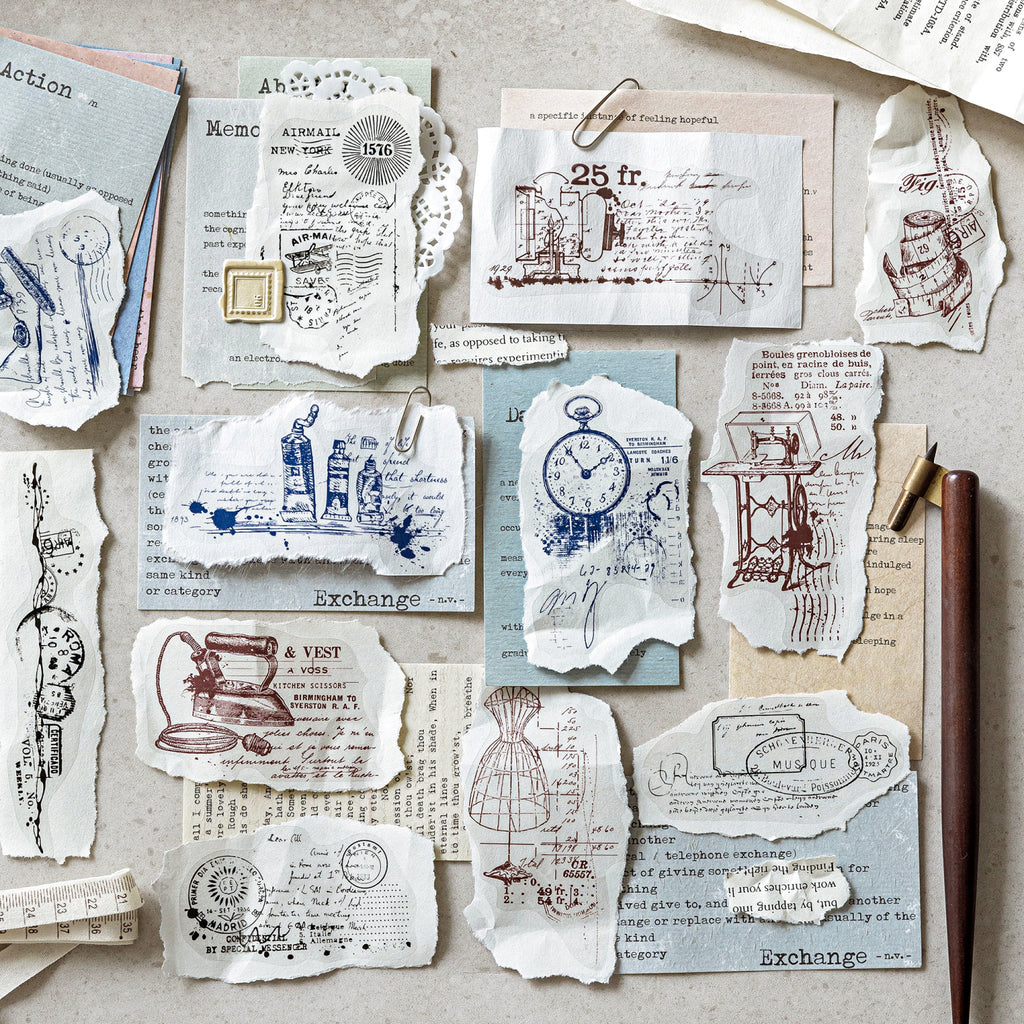 Retro line art sticker pack - 20 transparent PET stickers in vintage Steam Century design