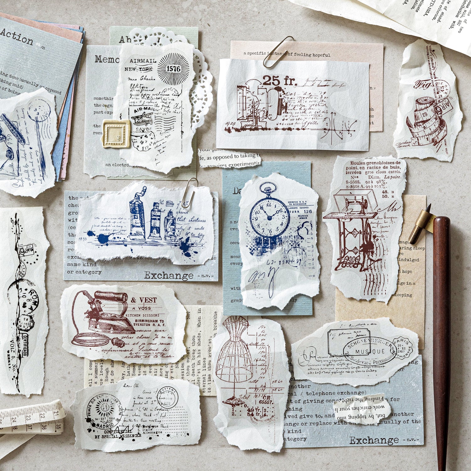 Retro line art sticker pack - 20 transparent PET stickers in vintage Steam Century design