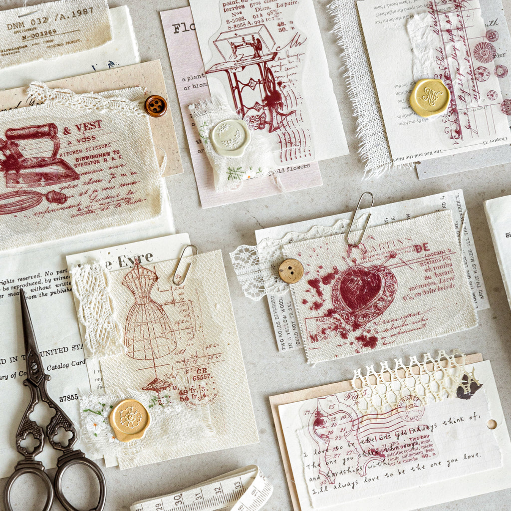 Vintage line art stickers applied in bullet journal spread