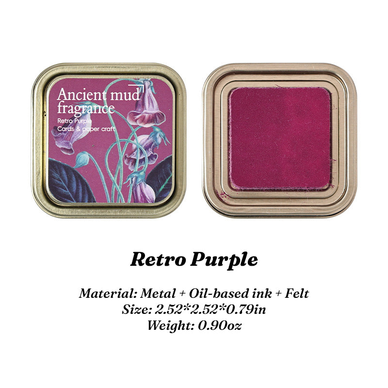 Retro Purple oil-based ink pad in floral iron tin, lid and pad side by side