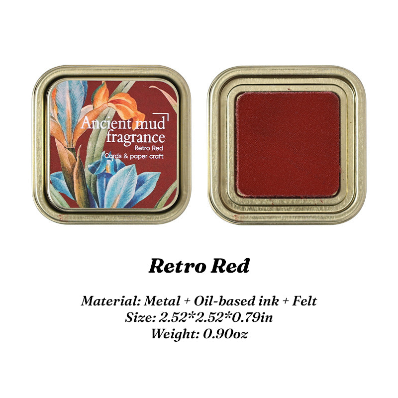 Retro Red oil-based ink pad in floral iron tin, lid and pad side by side