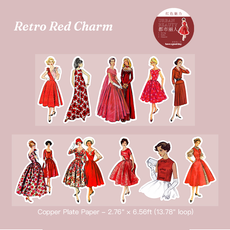 Retro red dress vintage sticker tape - aesthetic scrapbook sticker for journaling