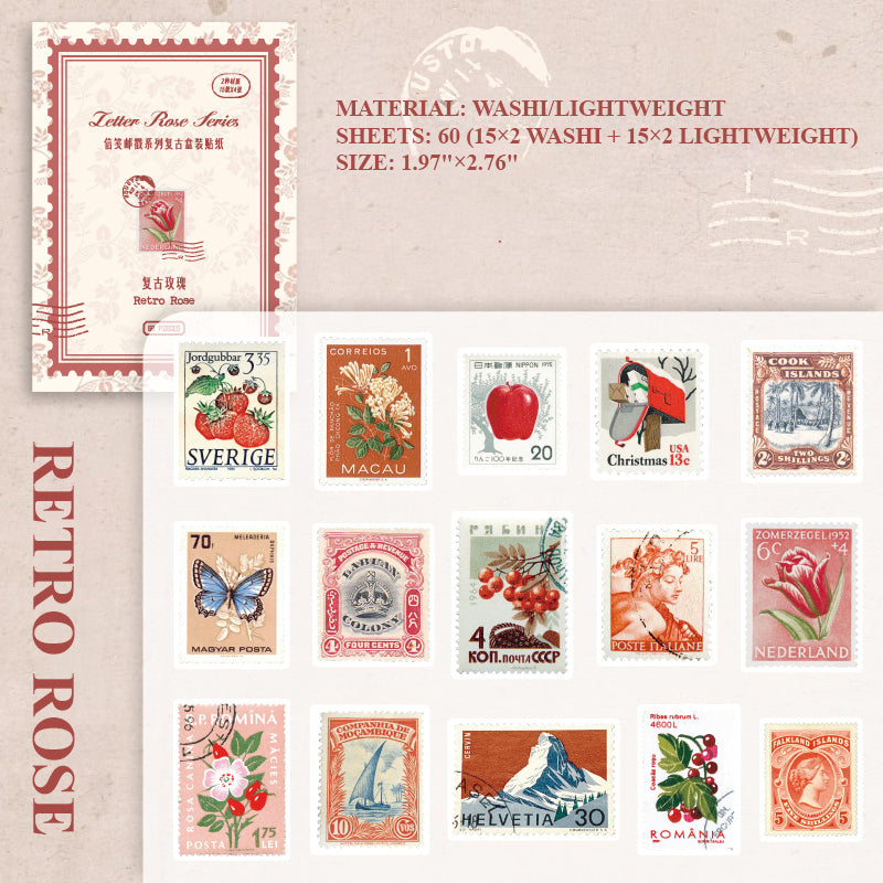 Retro rose vintage postage stickers with romantic pink and rose tone postal ephemera