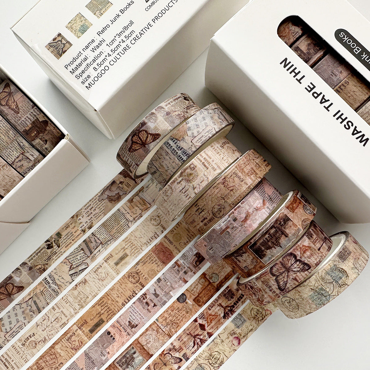 Variant image for the Retro Archives vintage slim washi tape set. Features 8 rolls of antique newspaper and ephemera patterned tape for authentic retro aesthetic crafting.