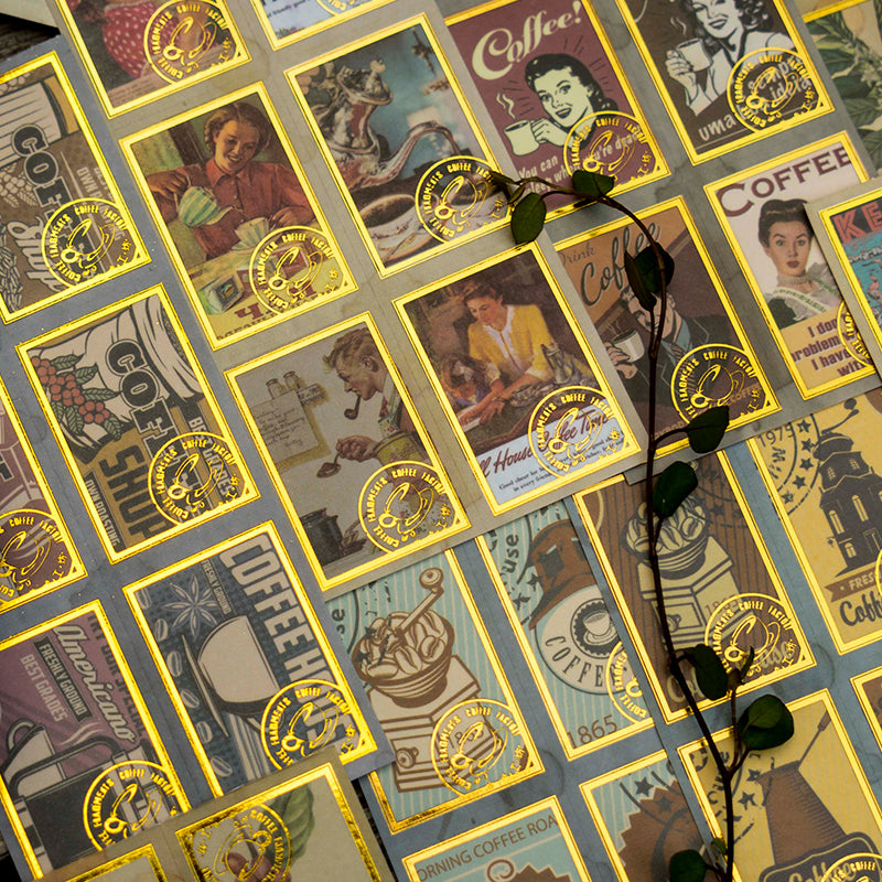 Retro coffee background paper collection with literary aesthetic and gold foil details for crafting
