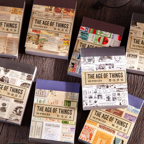 By.Nacoo retro pocket sticker book with 50 vintage stickers in 8 designs for bullet journaling and travel
