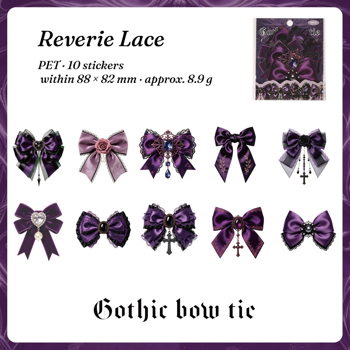 Gothic bow stickers style 4 — lavender dreamlike bows with charms, 10 pieces