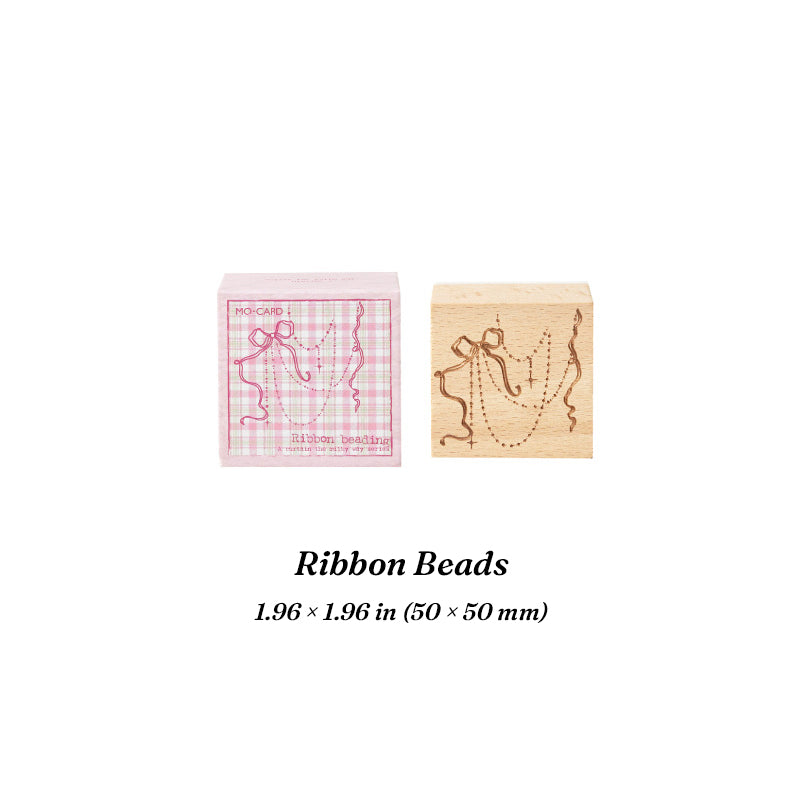 Ribbon Beads beech wood stamp – laser engraved ribbon and bead design, 1.96 × 1.96 in (50 × 50 mm), in gift box