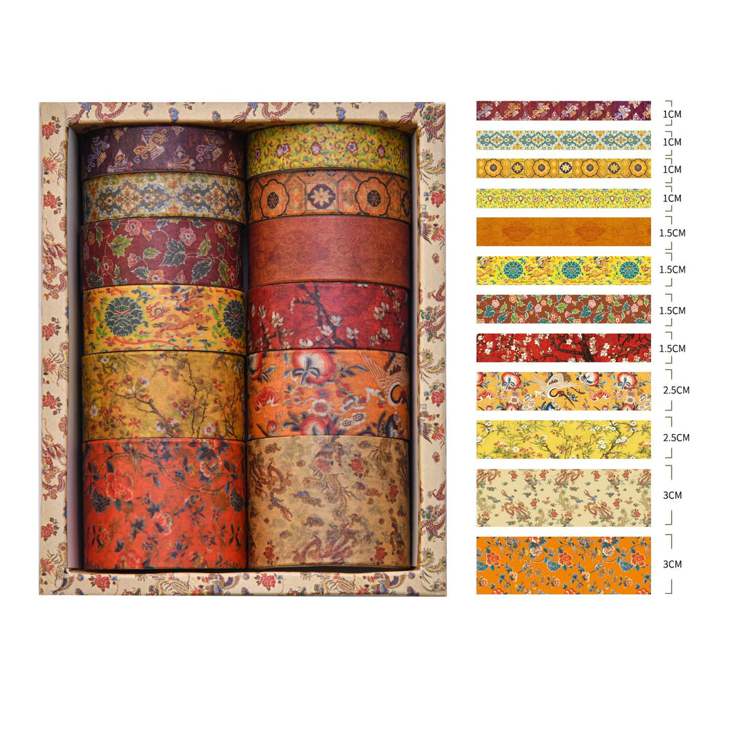 River's Ode oriental washi tape set — 12 rolls with flowing river and water landscape prints in teal and copper tones
