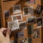 Close-up of vintage Japanese ukiyo-e stickers with metallic gold foil details