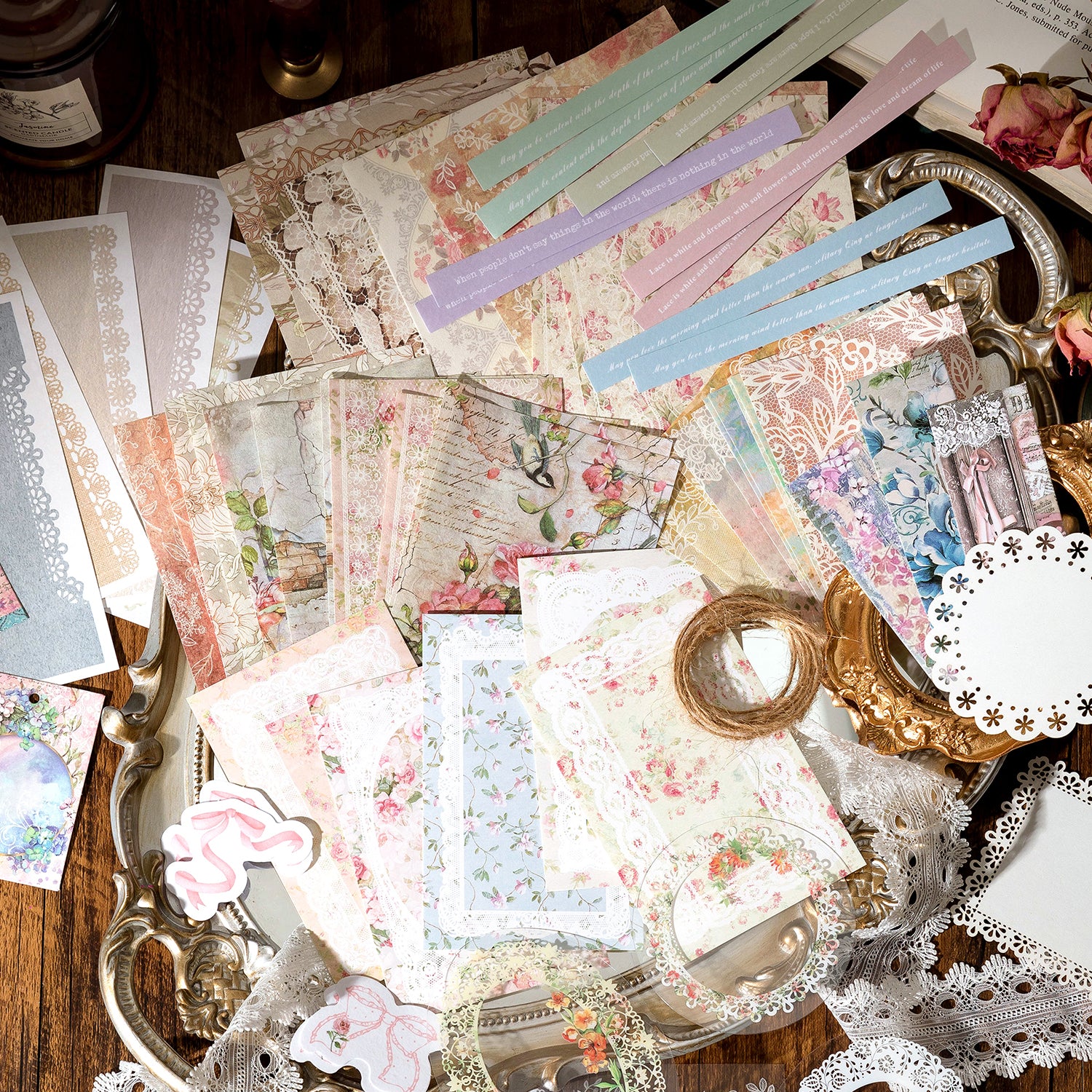 Romantic vintage ephemera kit with lace paper, floral memo cards, and pastel quote strips