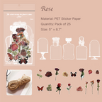 Rose floral letter PET stickers with translucent vintage rose designs for romantic journaling
