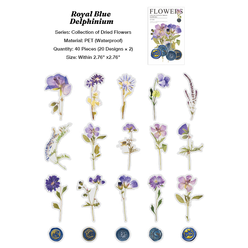 Royal blue delphinium and hydrangea stickers vintage pressed flower look